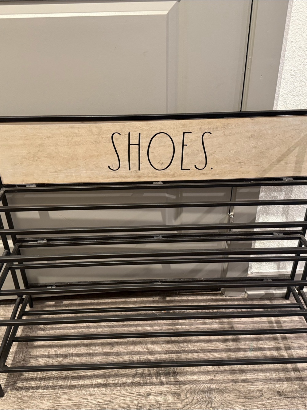 Rae Dunn Black Metal Shoe Rack with Wood 'SHOES.' Sign